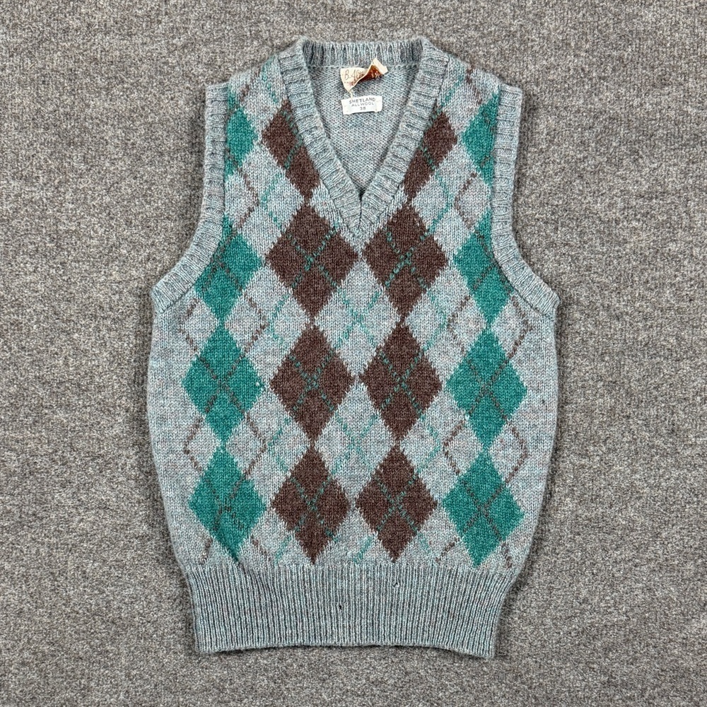 Vintage B. Altman Argyle Diamond 100% Wool V-Neck Womens Sweater Vest Grey Green